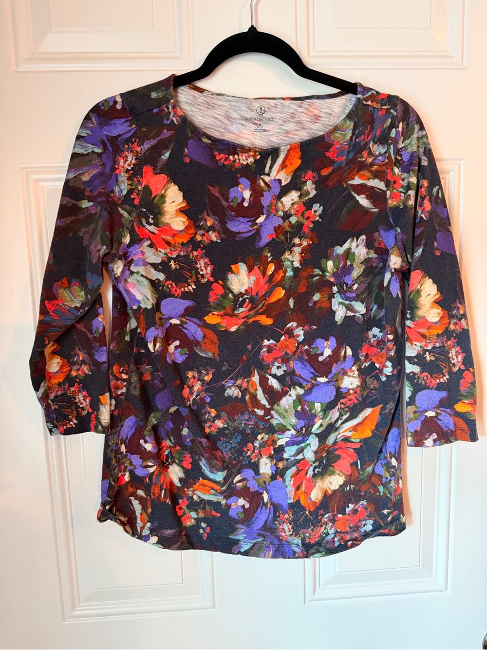 Lands' End Women's Floral Long Sleeve Tee in Black Multicolor